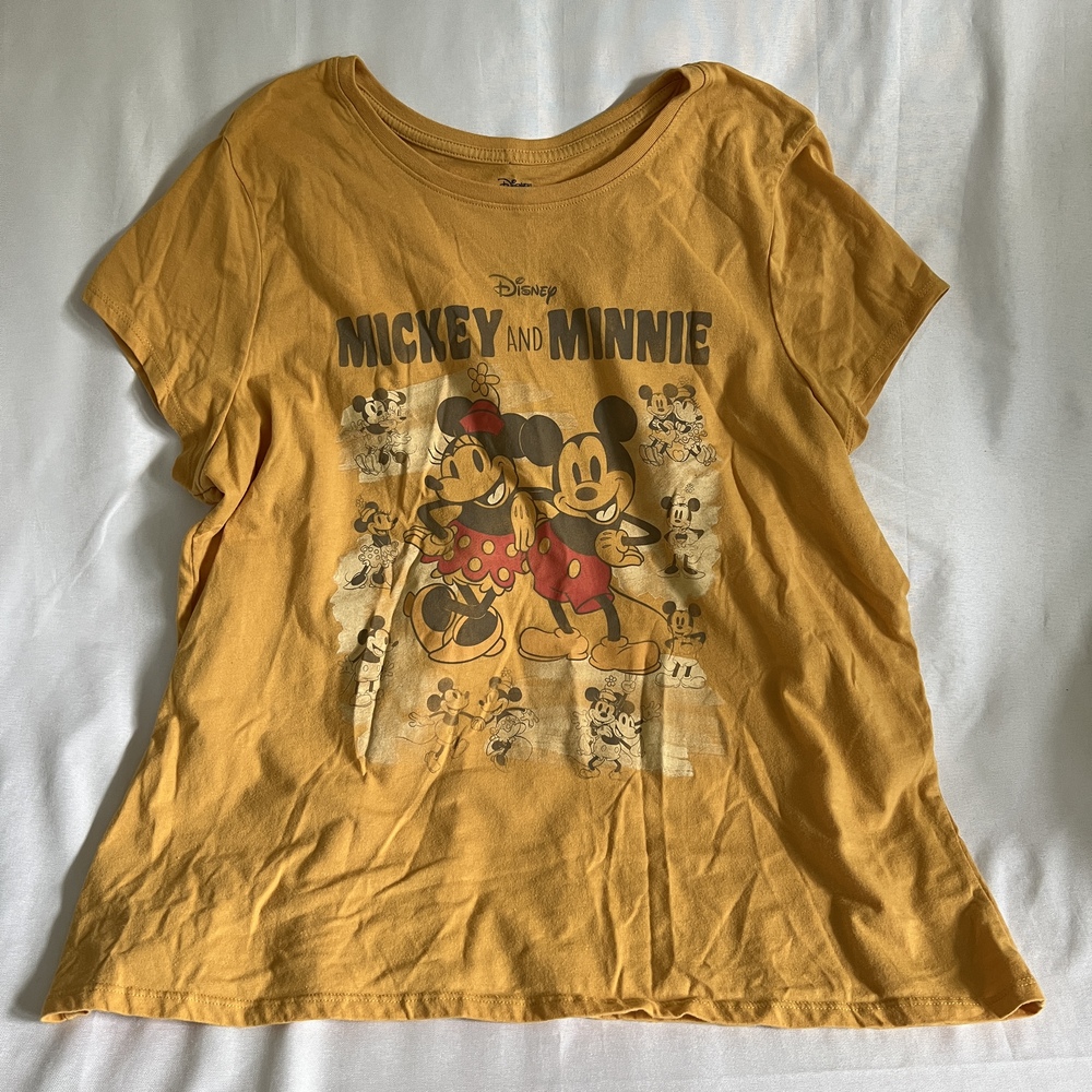 Disney T-Shirt XXL Gold Ladies Casual Crew Neck Mickey Minnie Cartoon
